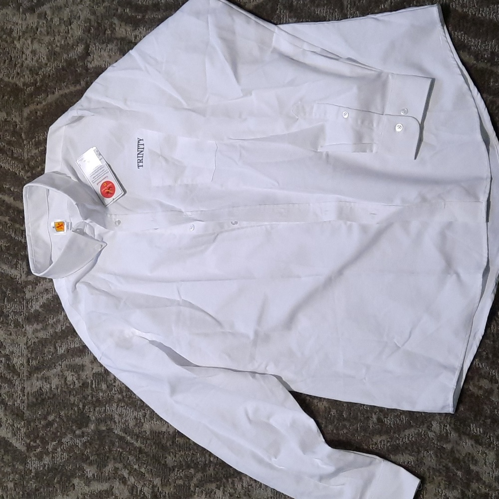 White long sleeve button shirt.